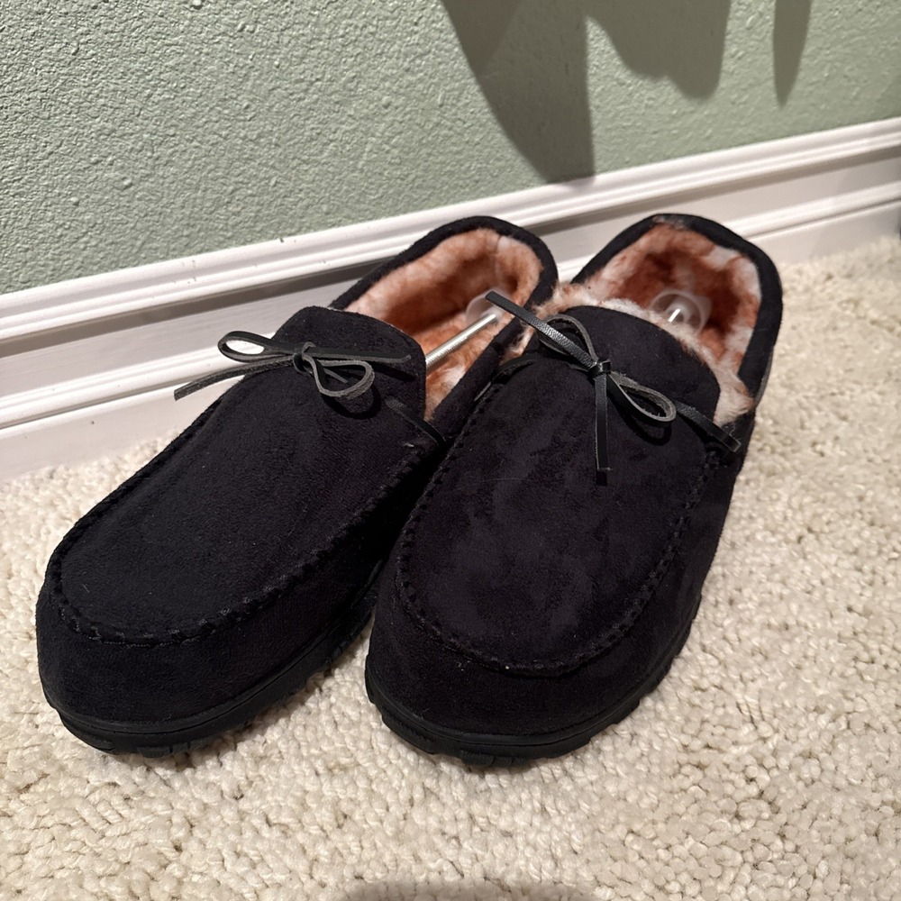 Men's Black Faux Sherpa Suede Slippers Size 14
